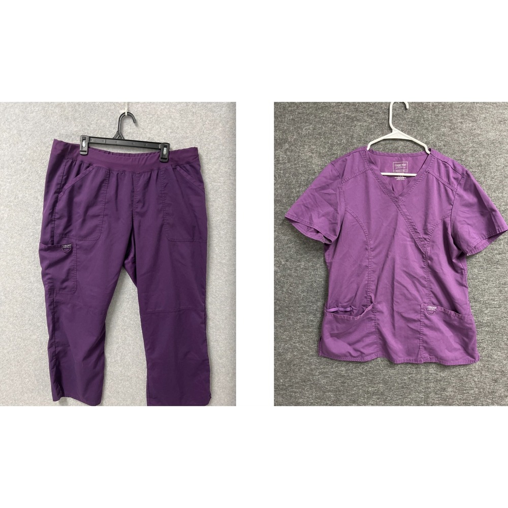 Cherokee Workwear Scrub Set Women L/XL Purple Medical Surplice Neck Straight Leg